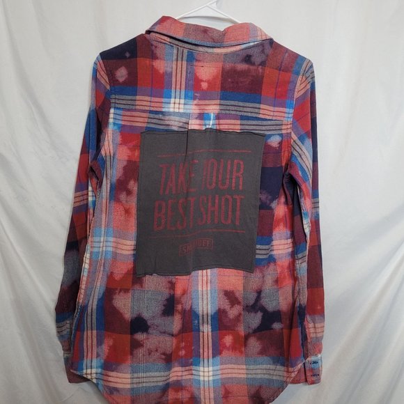 Smirnoff Vodka Shot Upcycle Flannel Shirt Bleached Red Plaid Size Med - Picture 1 of 11